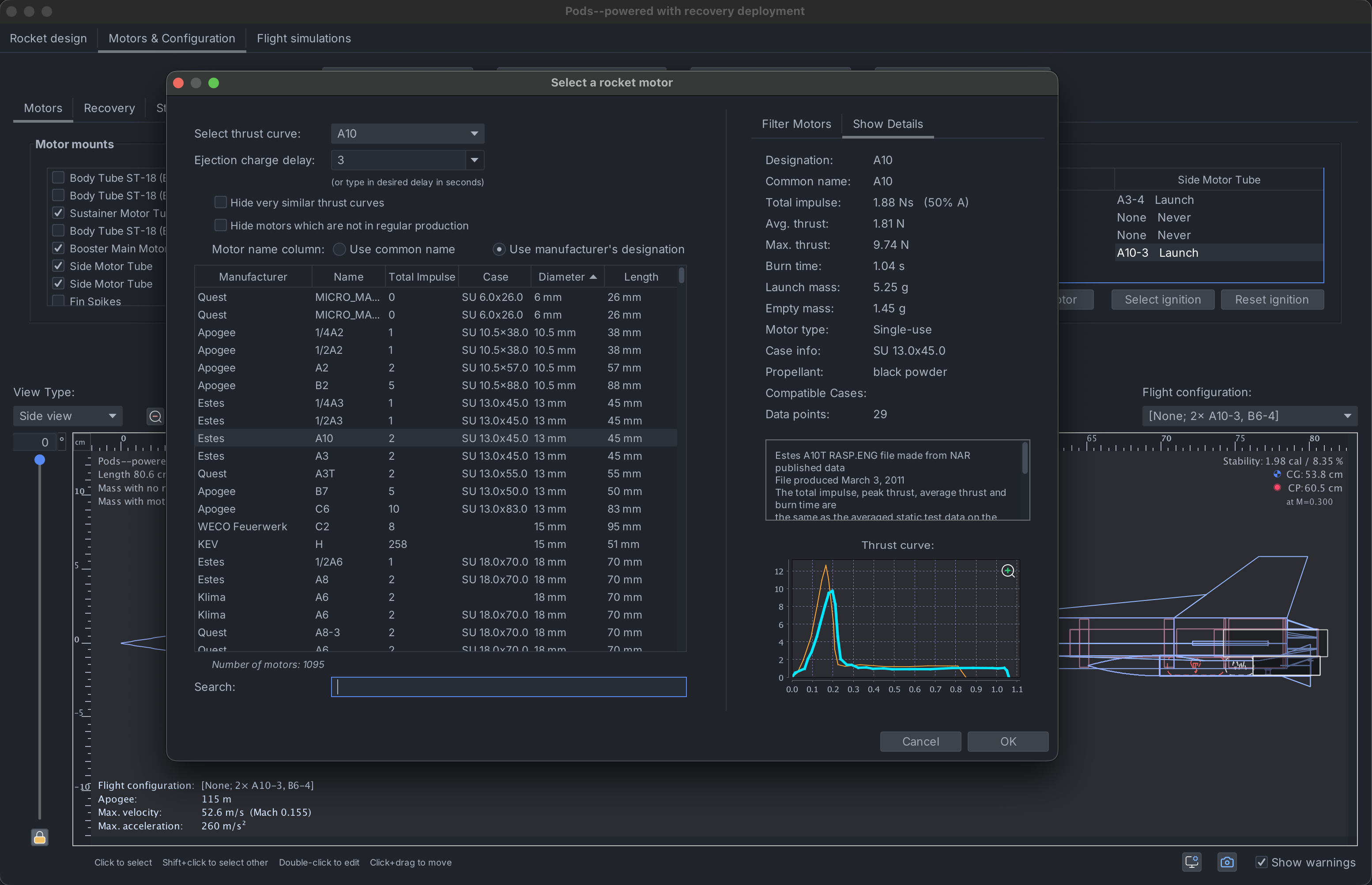OpenRocket motor dialog chooser
